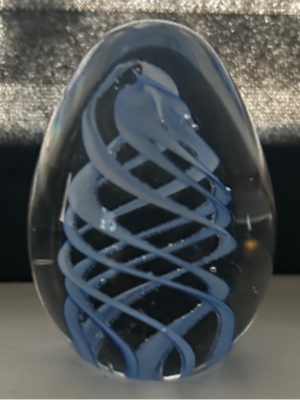 Russ Berrie Clear Glass Paperweight with Blue Spiral